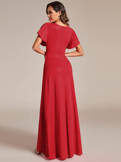 Ruffle Sleeves V Neck High Low Wedding Guest Dress #color_Red