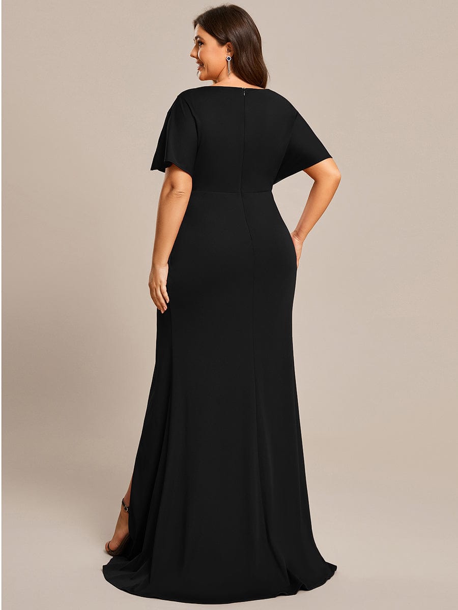 Plus Size Sequin Sleeve High Split Evening Dress with Pleated #color_Black