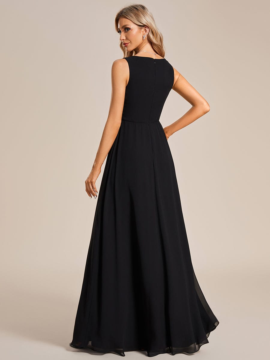 V-Neck Sleeveless A-Line Evening Dress with Appliques #color_Black