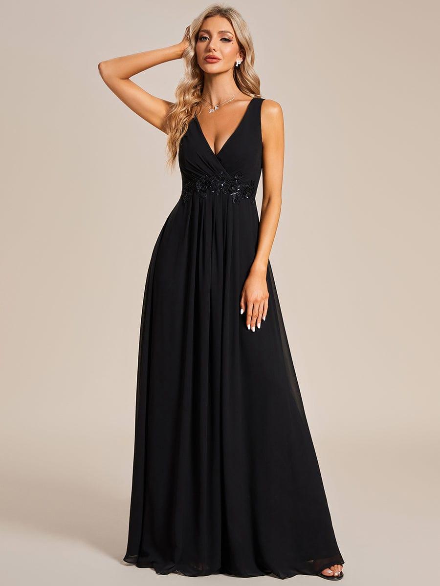 V-Neck Sleeveless A-Line Evening Dress with Appliques #color_Black