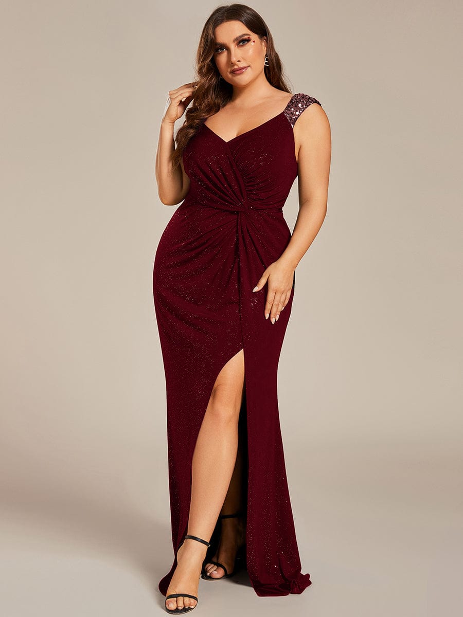 Elegant V Neck High Slit Plus Size Sequin Evening Dress #color_Burgundy