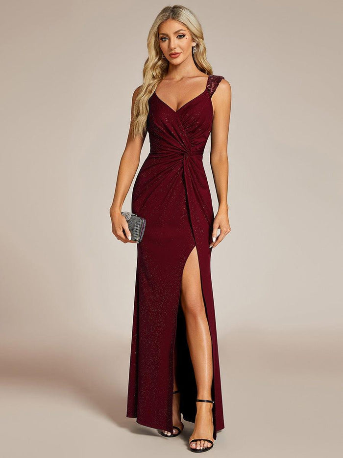 Elegant Sequin V-Neck Evening Dress – High Slit Sparkling Gown