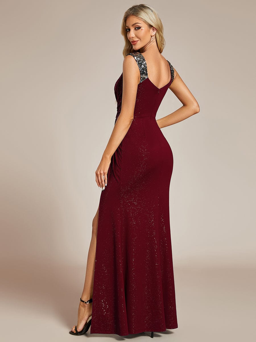 Elegant Sequin V Neck High Slit Evening Dress #color_Burgundy