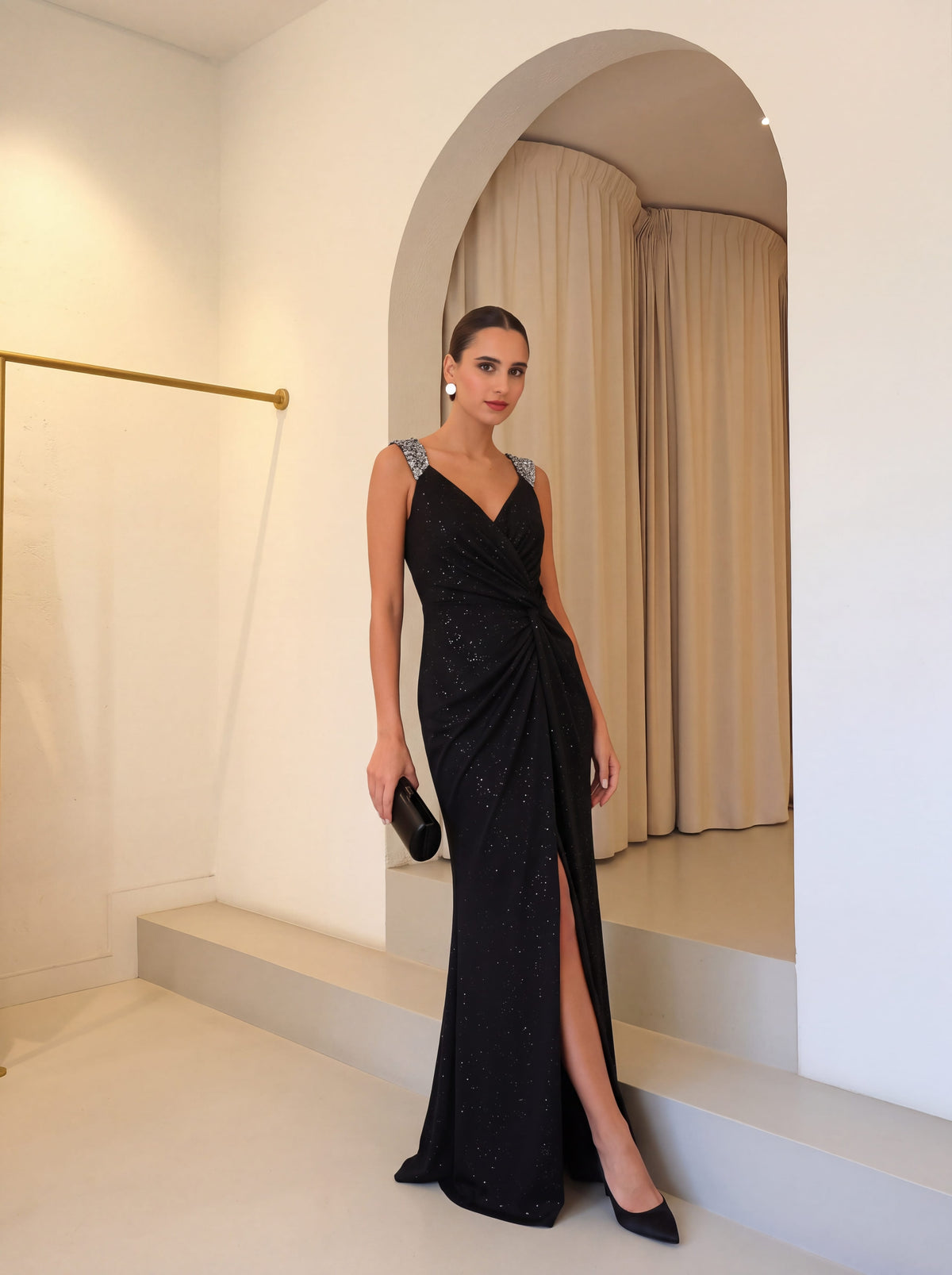 Elegant Sequin V Neck High Slit Evening Dress #color_Black