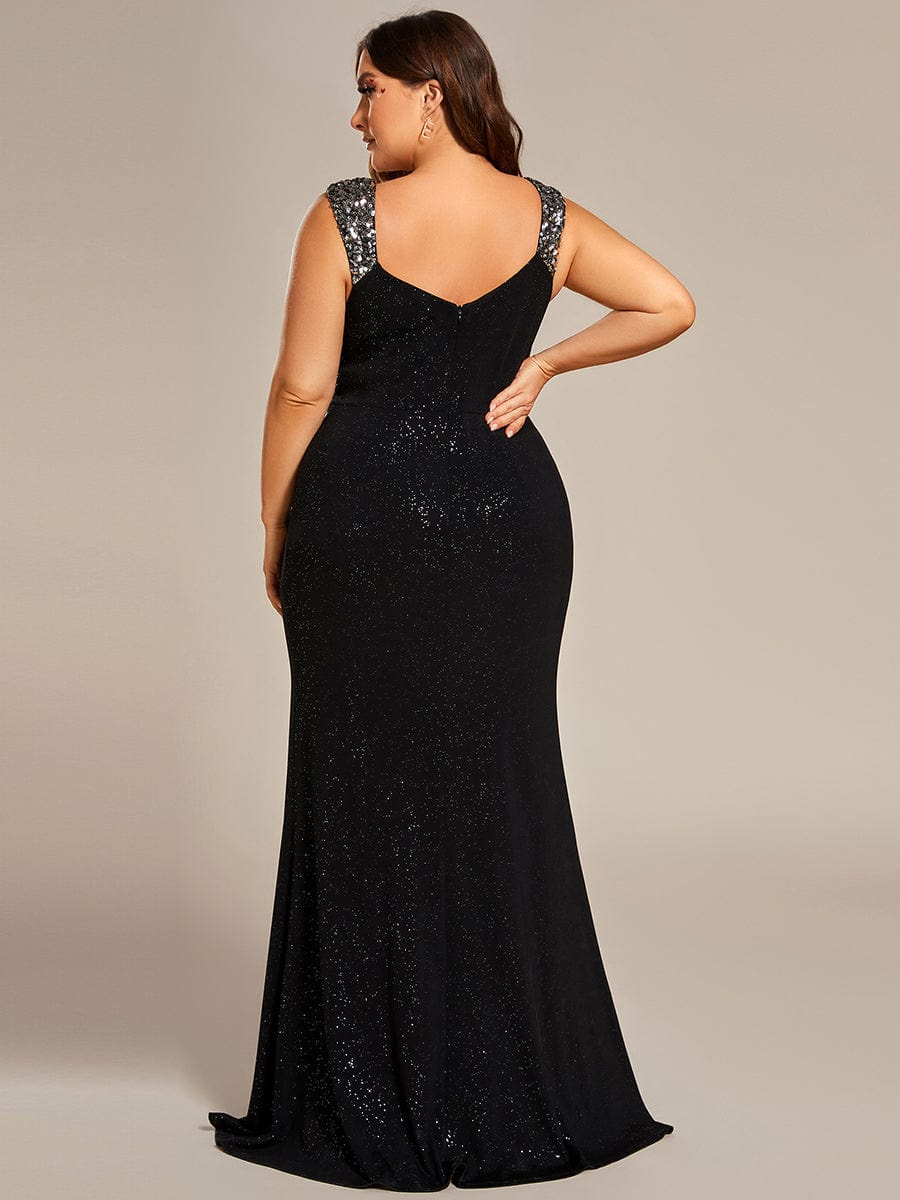 Elegant V Neck High Slit Plus Size Sequin Evening Dress #color_Black