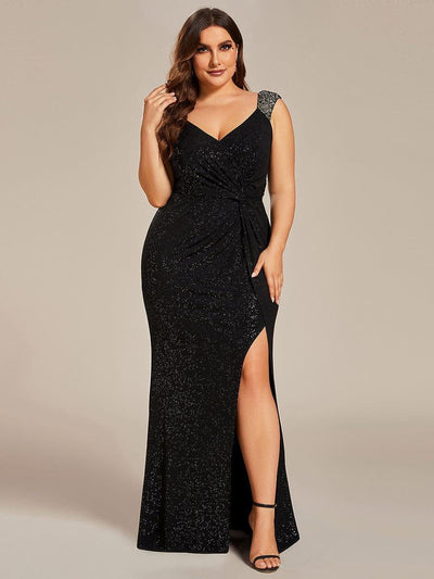 Elegant V Neck High Slit Plus Size Sequin Evening Dress #color_Black