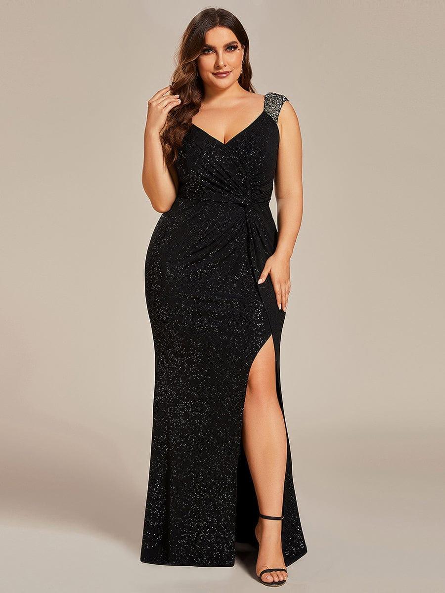 Stunning Plus Size Sequin Evening Gown V Neck High Slit