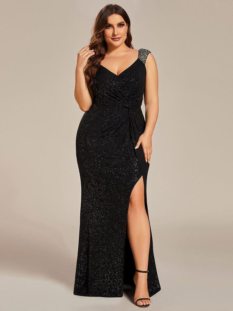 Halter Sequin Evening Dress with Side Bow Knot High Slit Floor Length Formal Gown main image 1