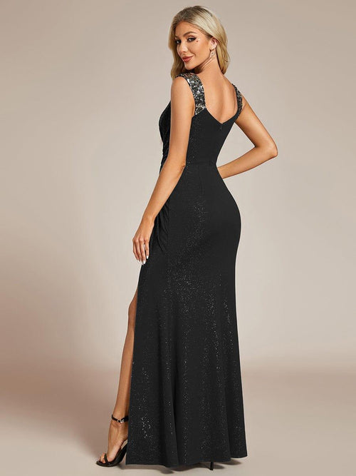 V Neck Rhinestone Pleated Formal Dress Long Sleeves Side Slit Train Evening Gown main image 1