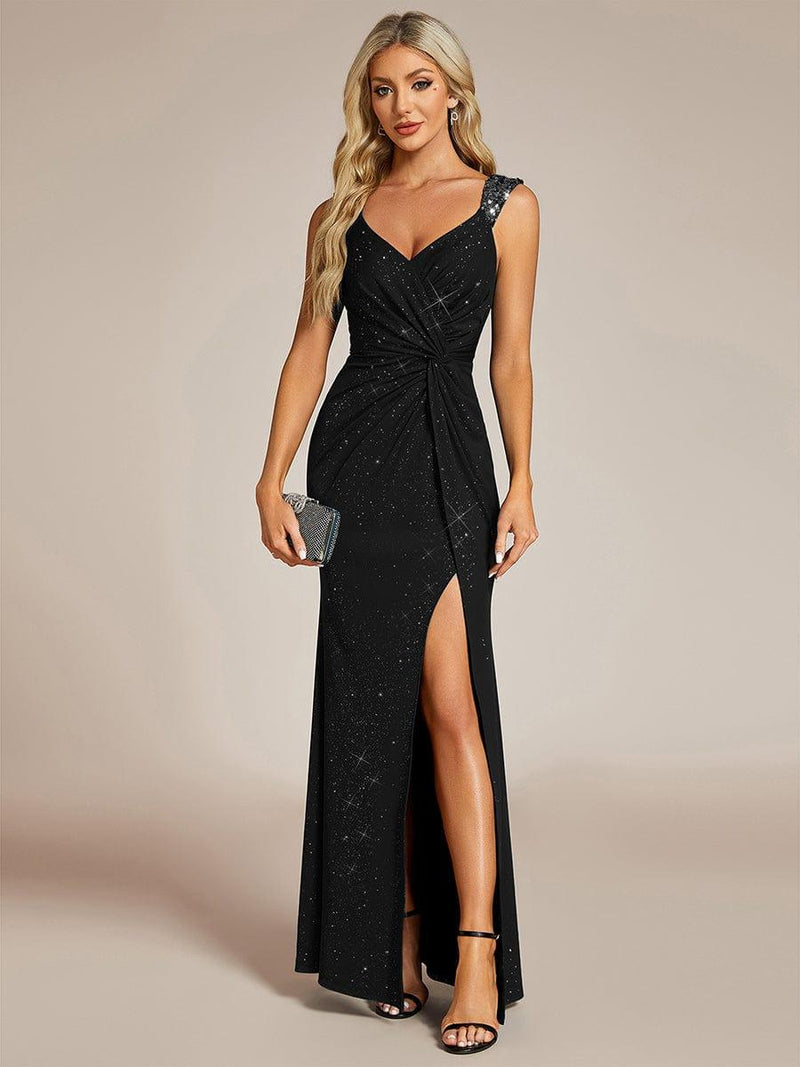 Stunning High Slit Sequin Evening Gown with V Neck - Ever-Pretty UK