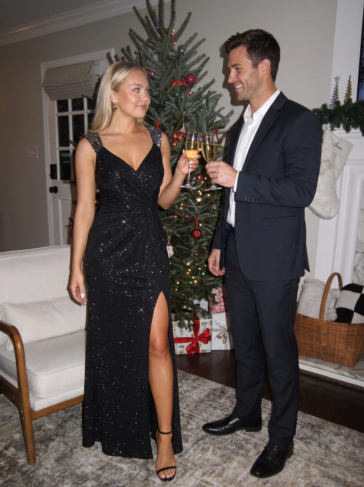 Elegant Sequin V Neck High Slit Wedding Guest Dresses #color_Black