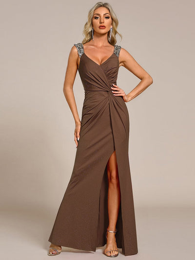 Elegant Sequin V Neck High Slit Evening Dress #color_Coffee