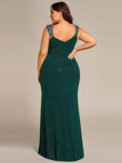 Elegant V Neck High Slit Plus Size Sequin Evening Dress #color_Dark Green