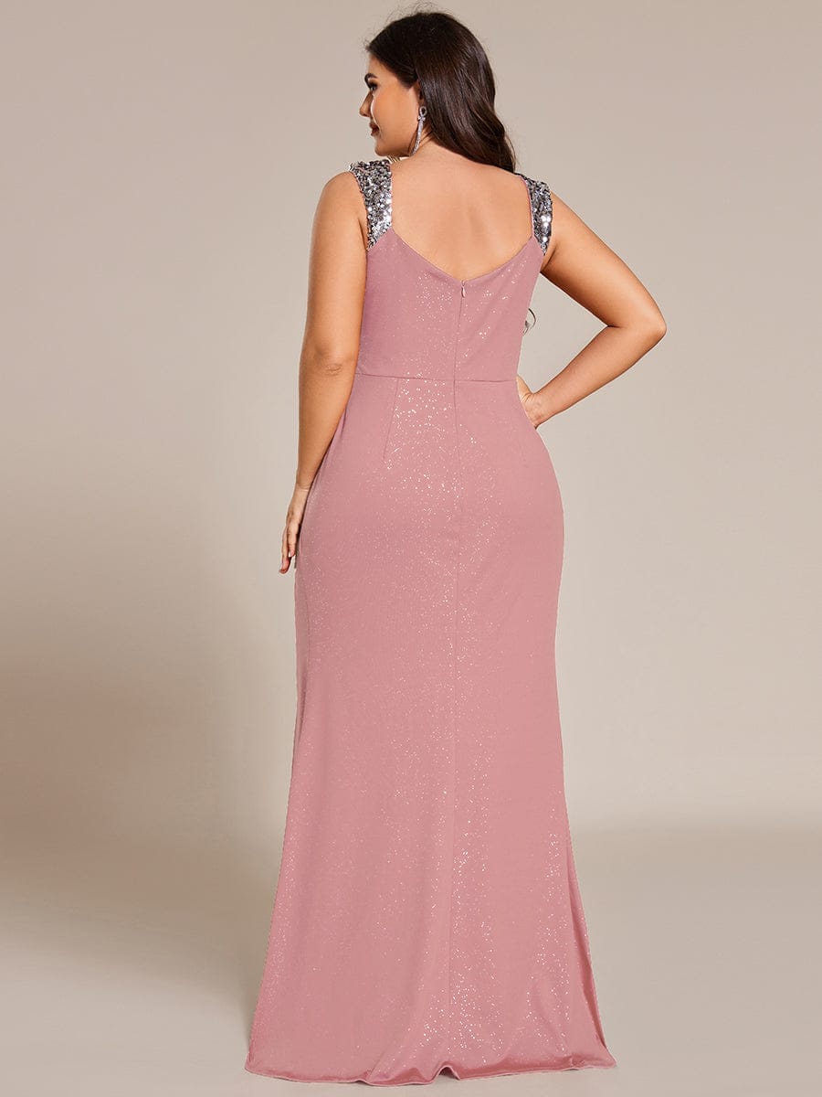 Elegant Sequin V Neck High Slit Evening Dress #color_Dusty Rose