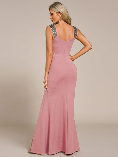 Elegant Sequin V Neck High Slit Evening Dress #color_Dusty Rose