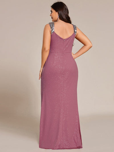 pretty NOIRE|Elegant V Neck High Slit Plus Size Sequin Evening Dress