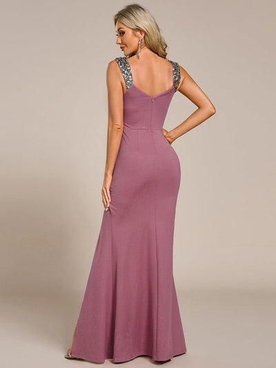 ever NOIRE|Elegant Sequin V Neck High Slit Evening Dress