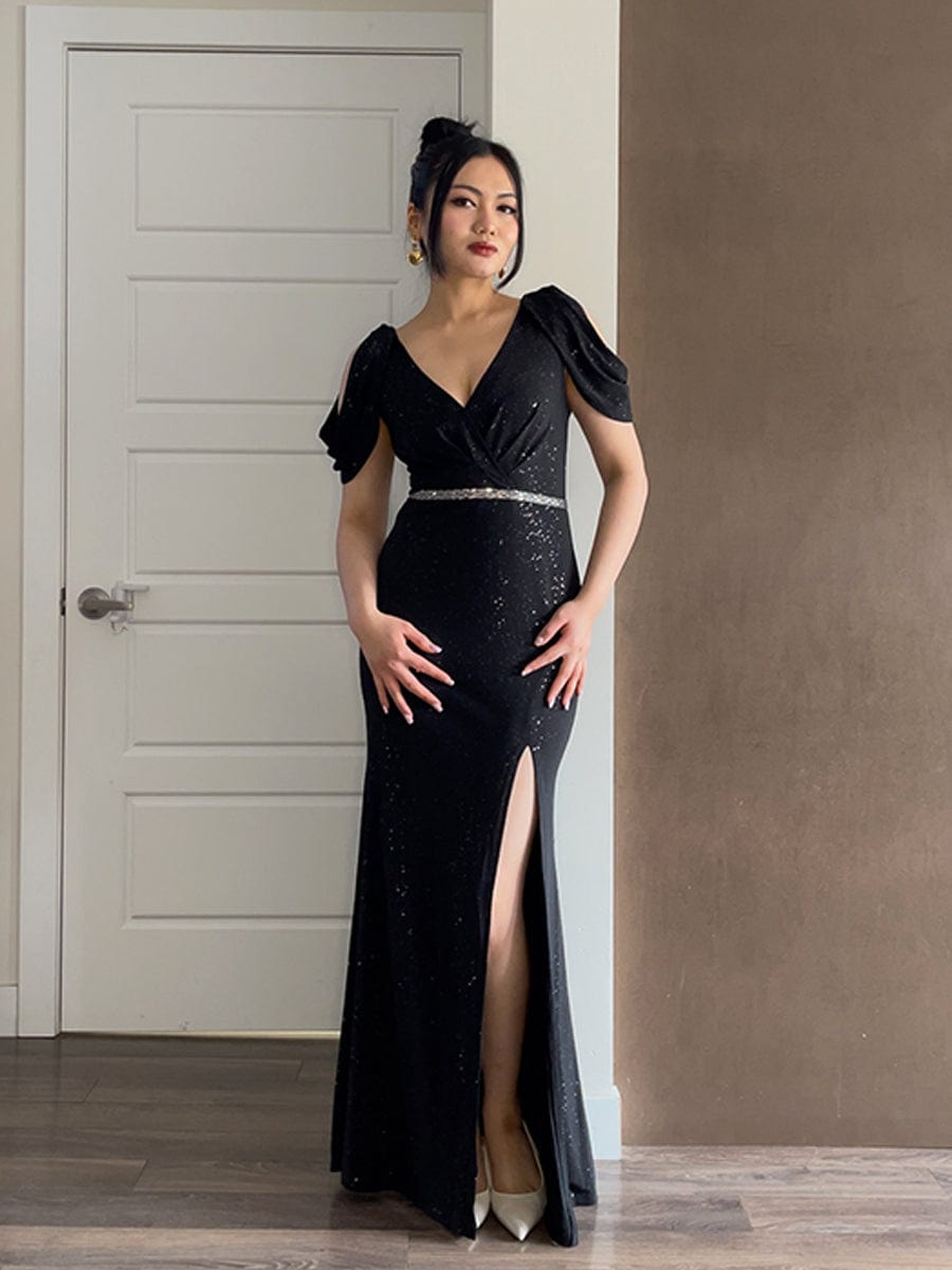 Plus Size Shiny Belt V-neck Cold Shoulder Puff Sleeve Glitter