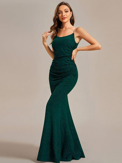 Sparkling Glitter Spaghetti Strap Open Back Bodycon Evening Dress #color_Dark Green