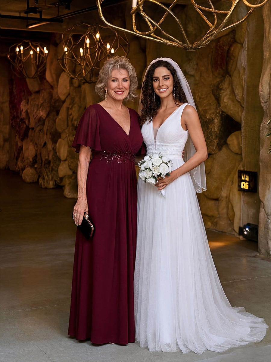 Elegant Chiffon Applique Evening Dress with Flutter Sleeves #color_Burgundy