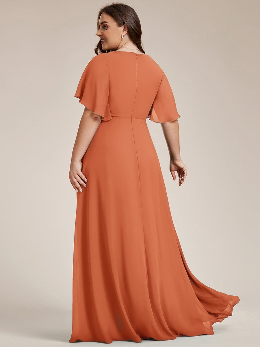 Plus Size Applique Short Sleeve A-Line Chiffon Evening Dress #color_Brandied Melon