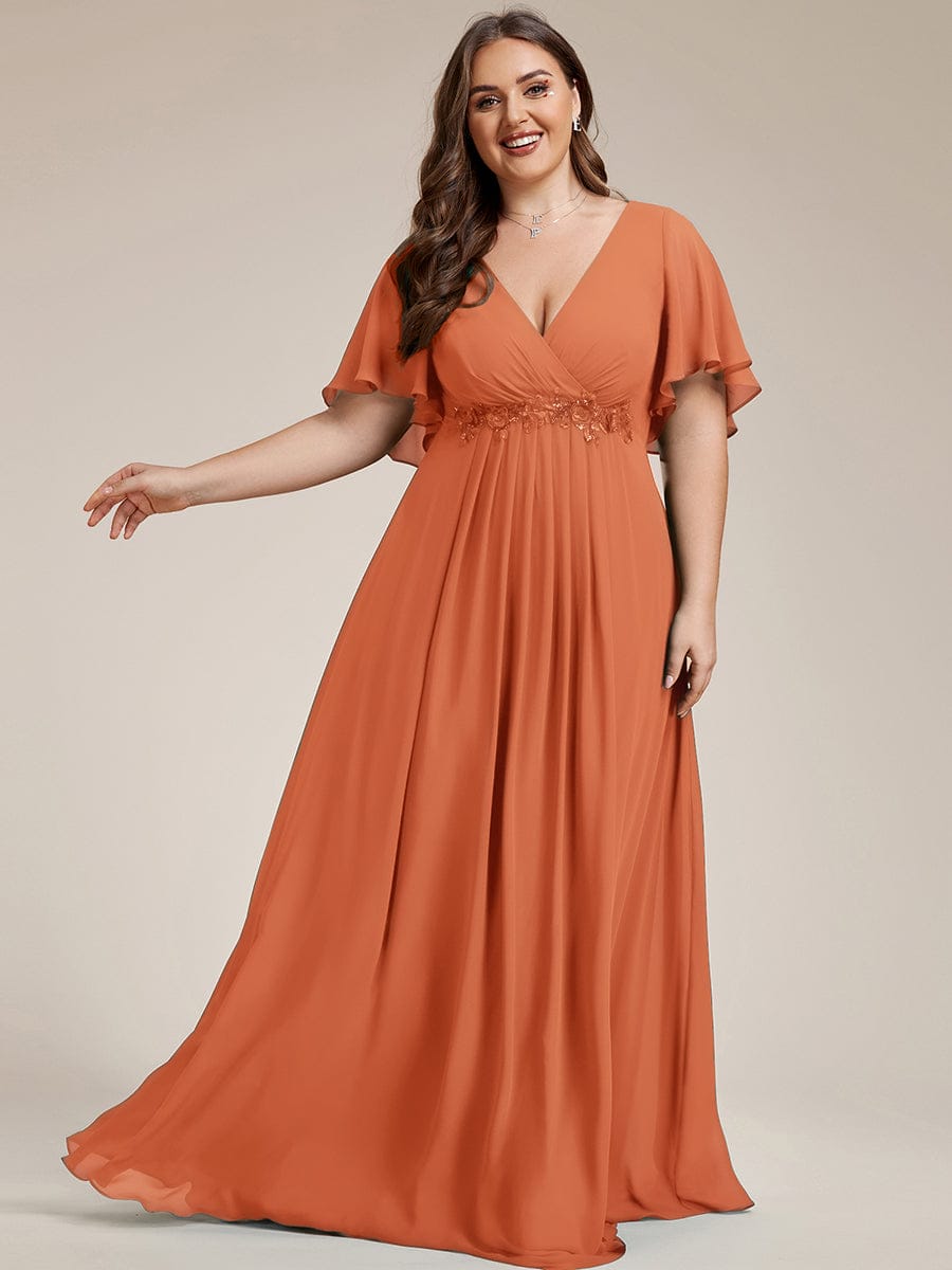 Elegant Chiffon Applique Evening Dress with Flutter Sleeves #color_Brandied Melon