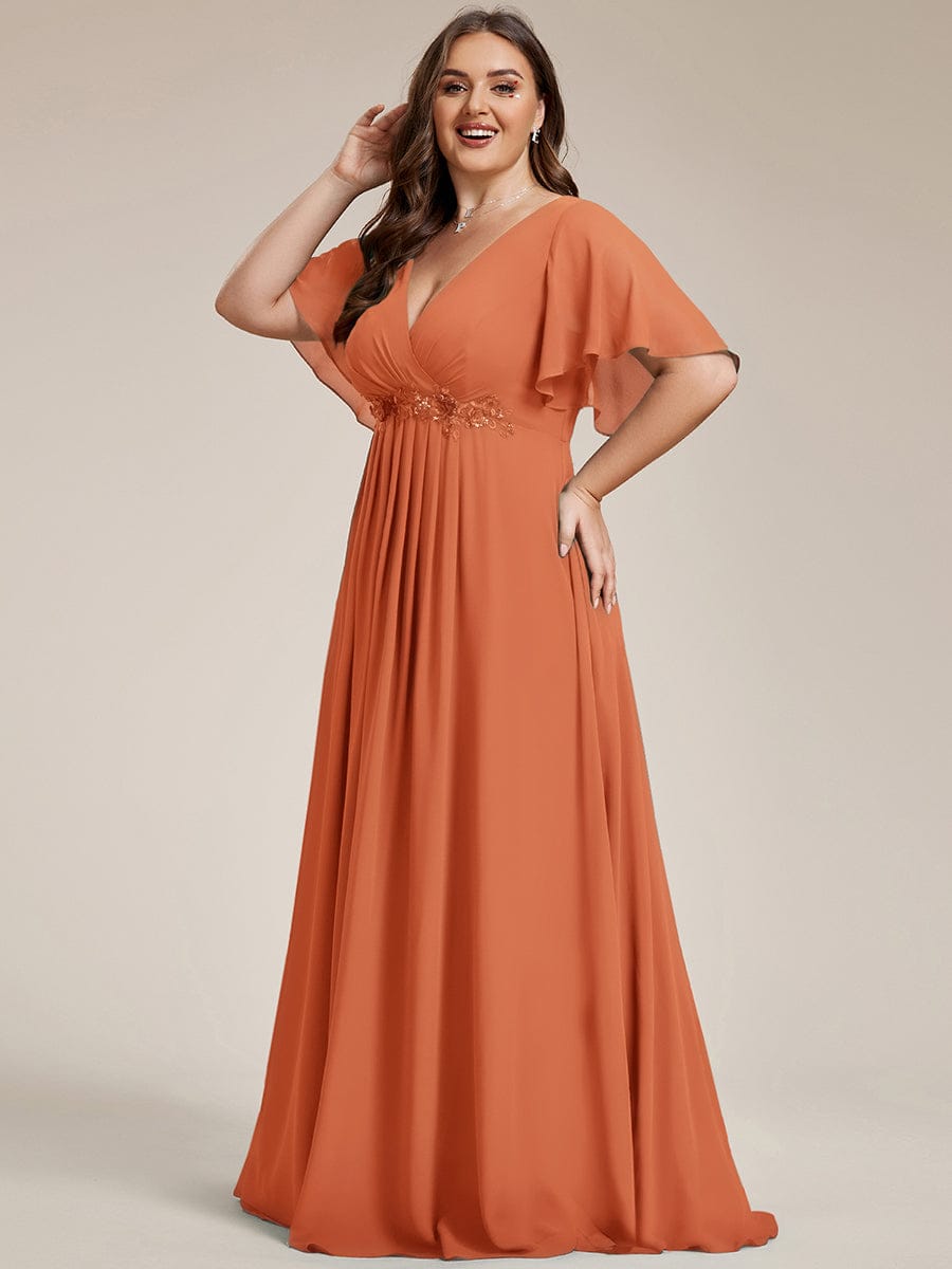Plus Size Applique Short Sleeve A-Line Chiffon Evening Dress #color_Brandied Melon