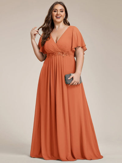 Plus Size Applique Short Sleeve A-Line Chiffon Evening Dress #color_Brandied Melon