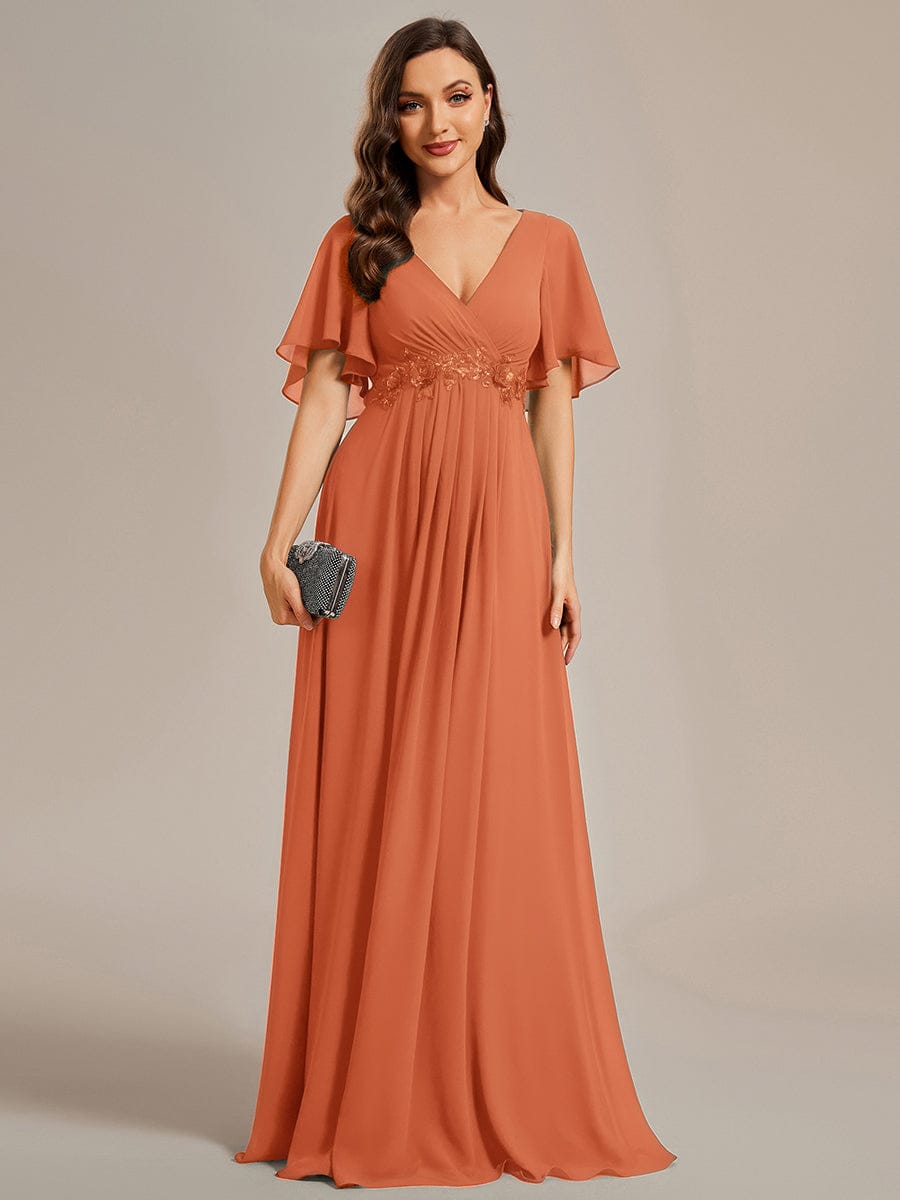 Elegant Chiffon Applique Evening Dress with Flutter Sleeves #color_Brandied Melon