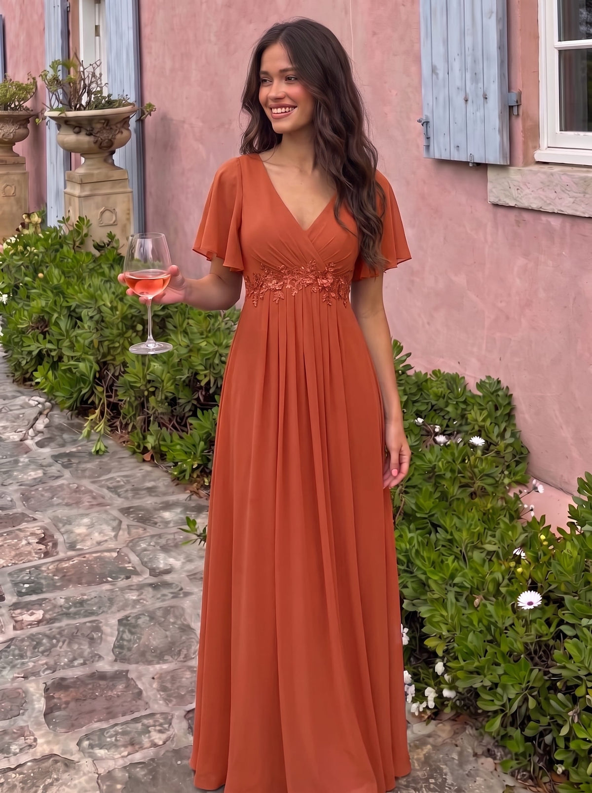 Elegant Chiffon Applique Evening Dress with Flutter Sleeves #color_Burnt Orange