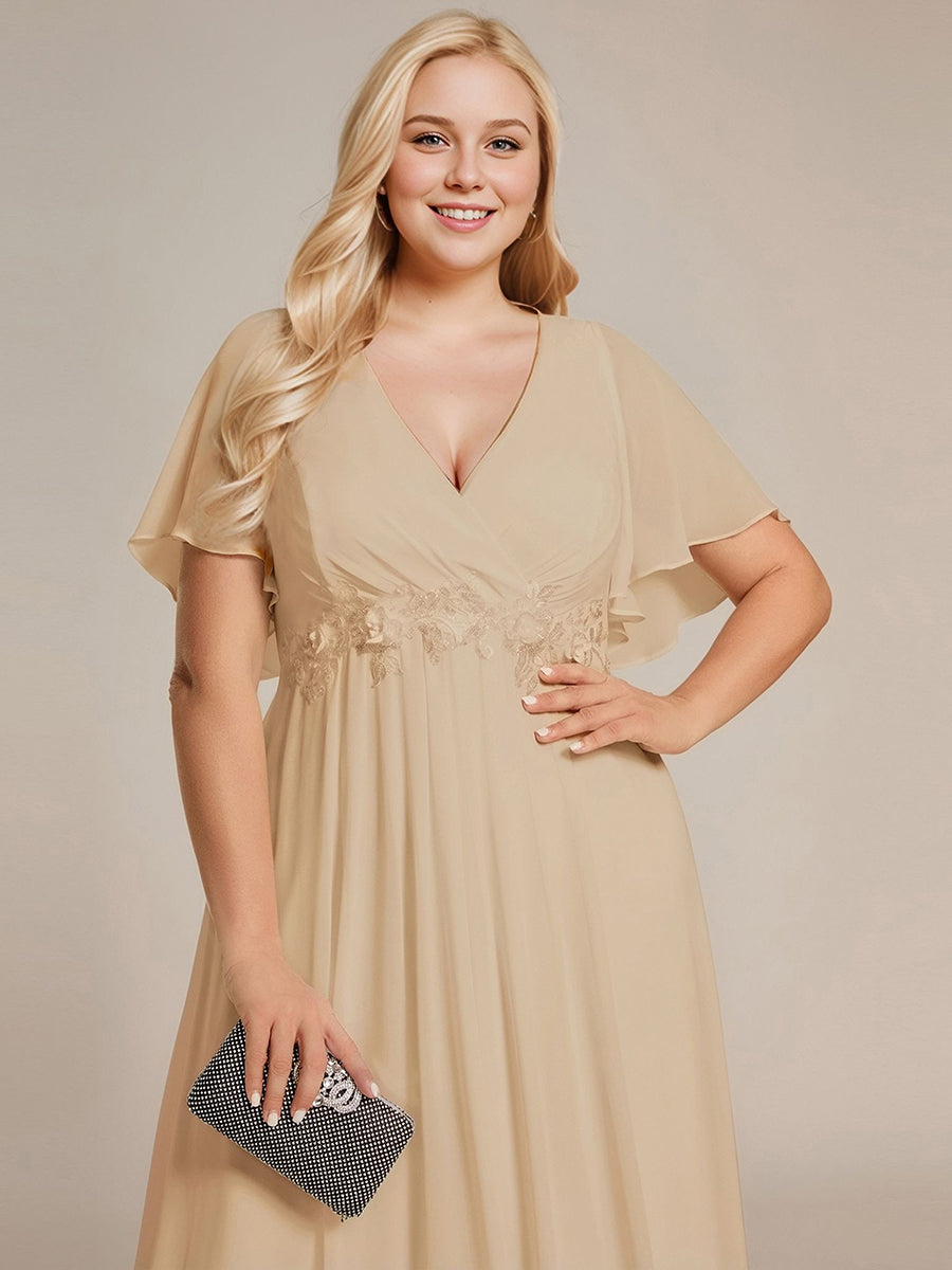 Plus Size Applique Short Sleeve A-Line Chiffon Evening Dress #color_Champagne