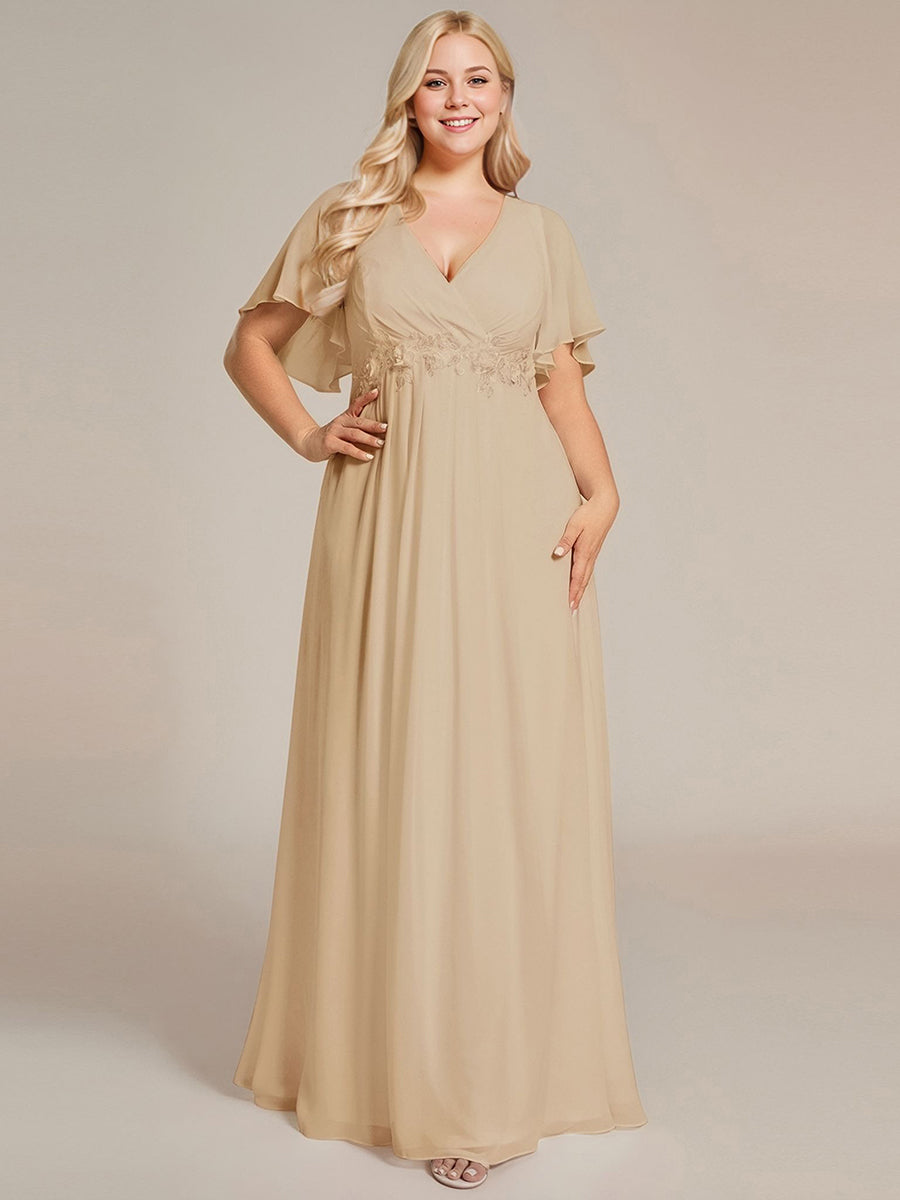 Plus Size Applique Short Sleeve A-Line Chiffon Evening Dress #color_Champagne