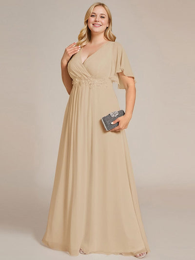 Plus Size Applique Short Sleeve A-Line Chiffon Evening Dress #color_Champagne