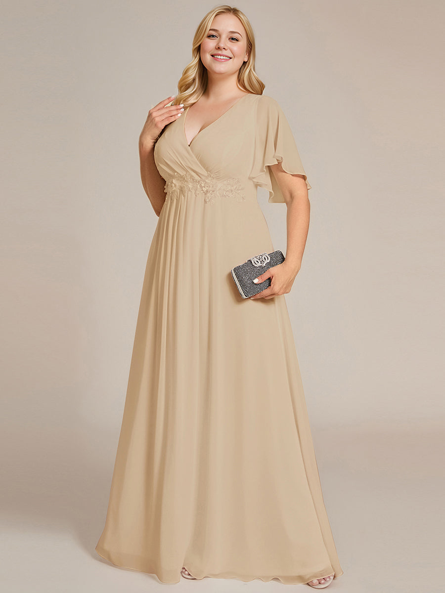 Plus Size Applique Short Sleeve A-Line Chiffon Evening Dress #color_Champagne