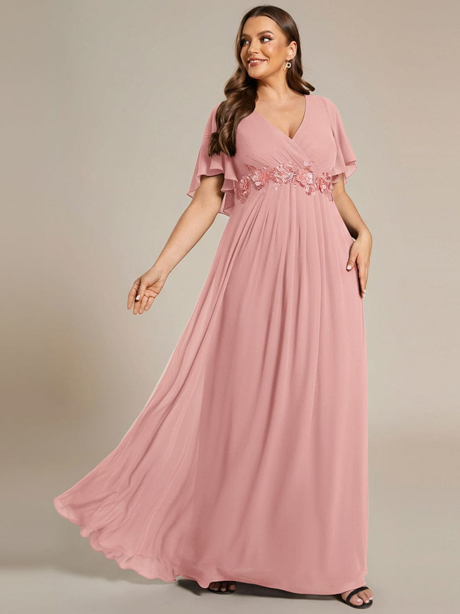 Elegant Chiffon Applique Evening Dress with Flutter Sleeves #color_Dusty Rose