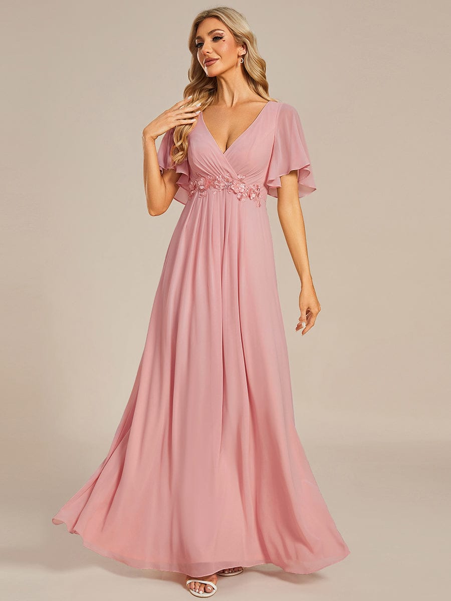 Elegant Chiffon Applique Evening Dress with Flutter Sleeves #color_Dusty Rose