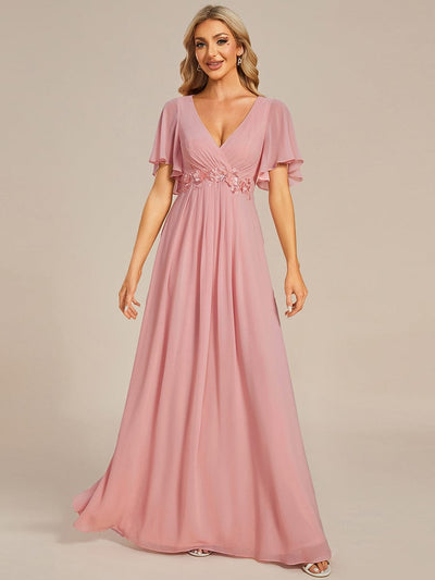 Elegant Chiffon Applique Evening Dress with Flutter Sleeves #color_Dusty Rose