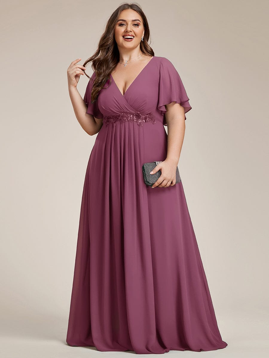 Elegant Chiffon Applique Evening Dress with Flutter Sleeves #color_Damson