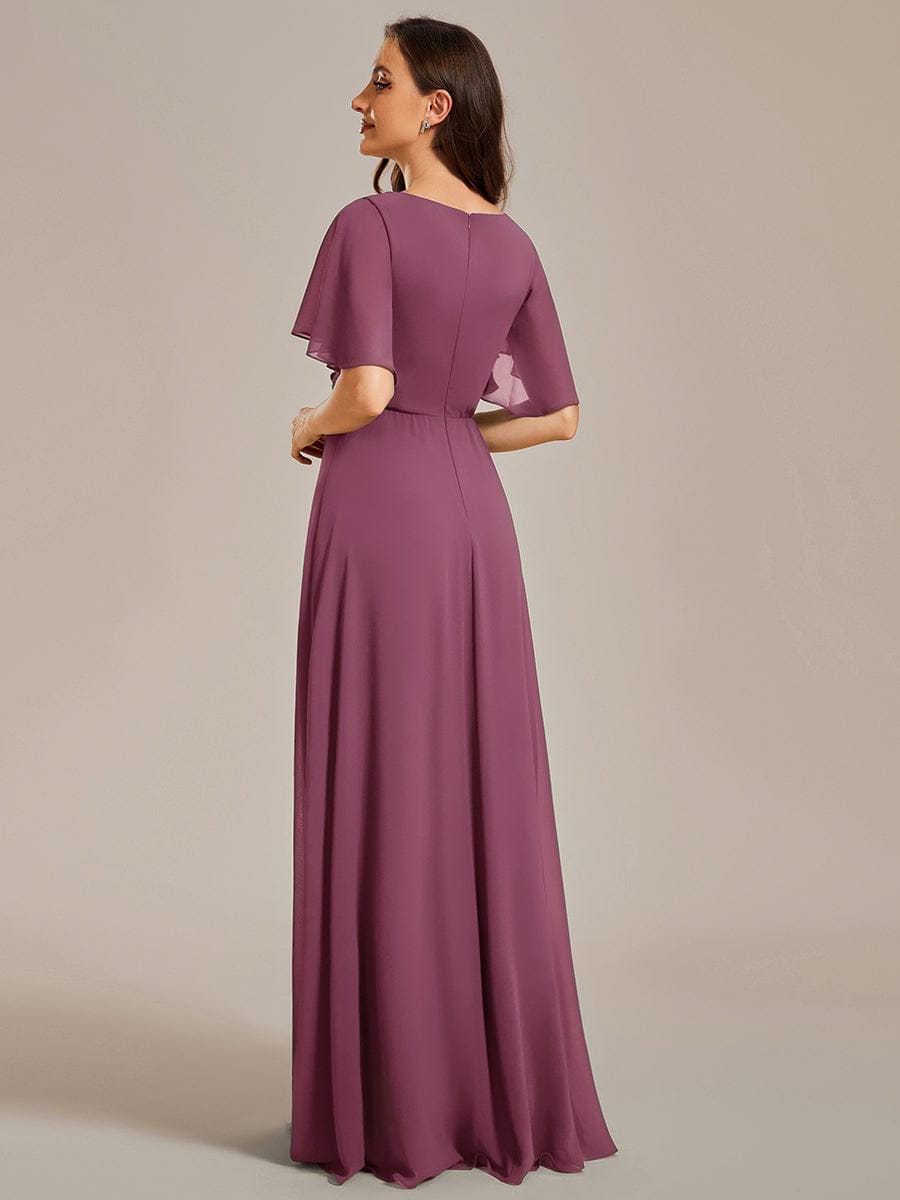Elegant Chiffon Applique Evening Dress with Flutter Sleeves #color_Damson