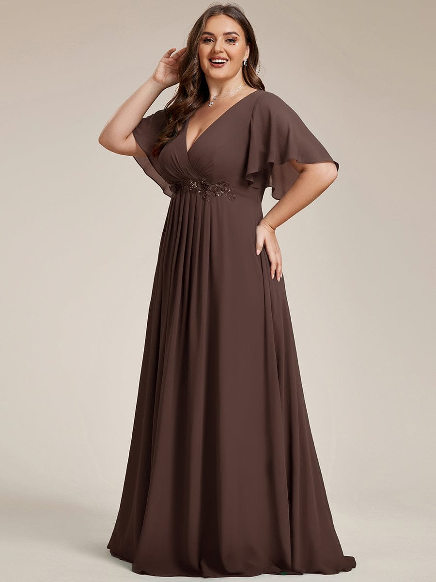 Plus Size Applique Short Sleeve A-Line Chiffon Evening Dress #color_Brandied Melon