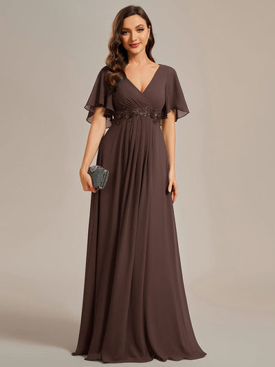 Elegant Chiffon Applique Evening Dress with Flutter Sleeves #color_Brandied Melon
