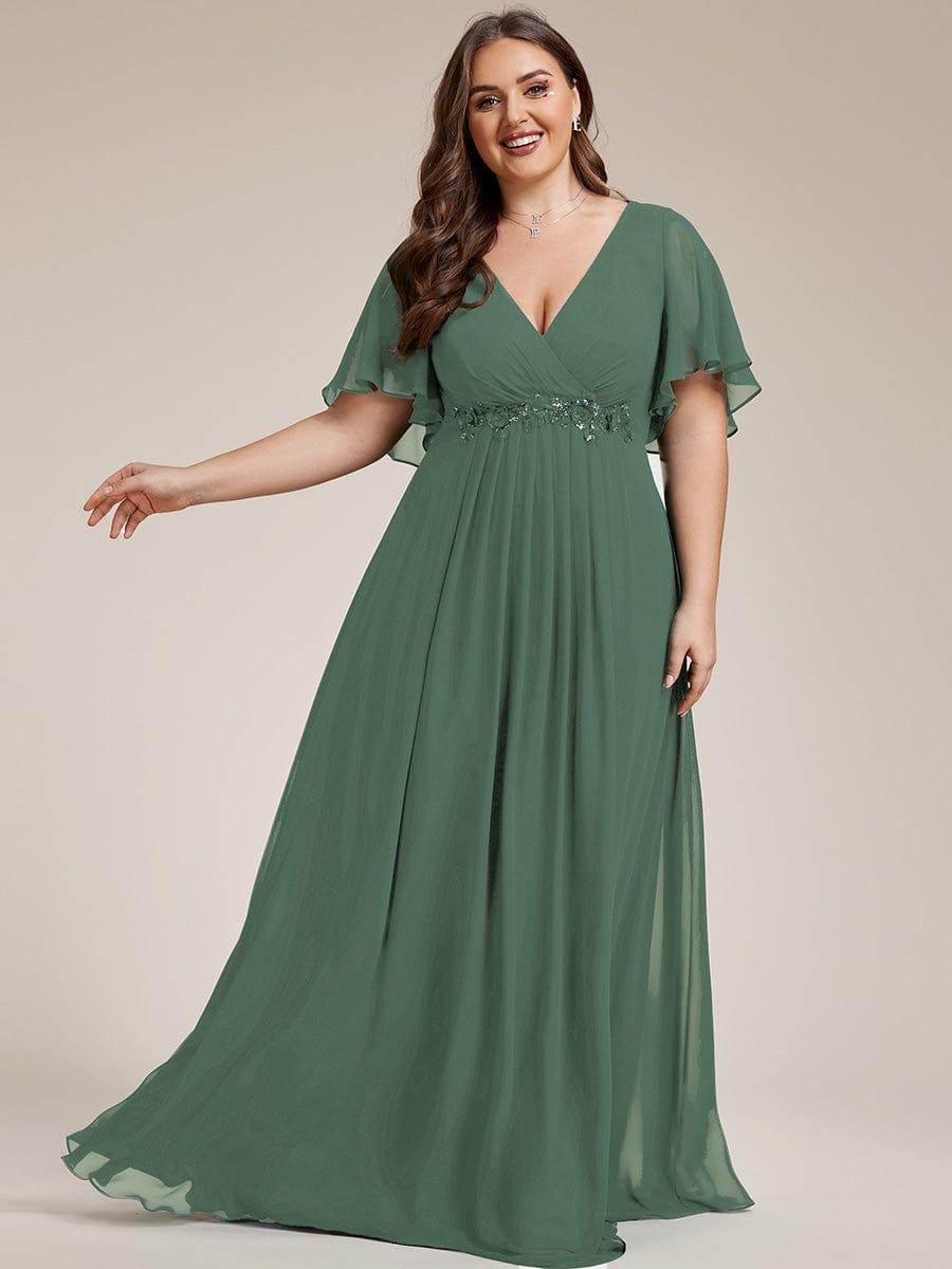 Plus Size Applique Short Sleeve A-Line Chiffon Evening Dress #color_Eucalyptus Green