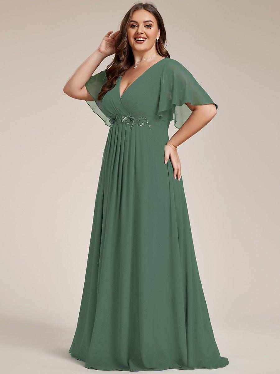 Plus Size Applique Short Sleeve A-Line Chiffon Evening Dress #color_Eucalyptus Green