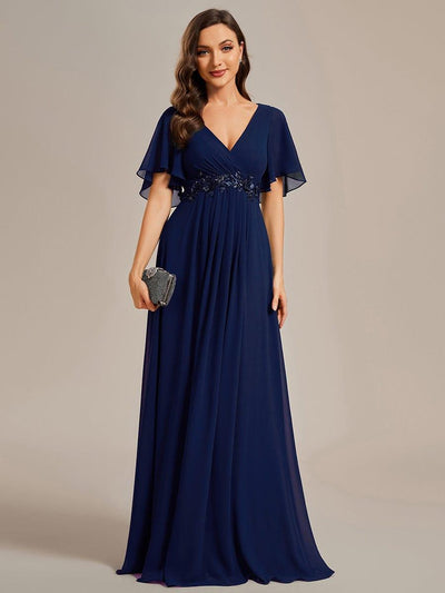 Elegant Chiffon Applique Wedding Guest Dress with Flutter Sleeves #color_Navy Blue