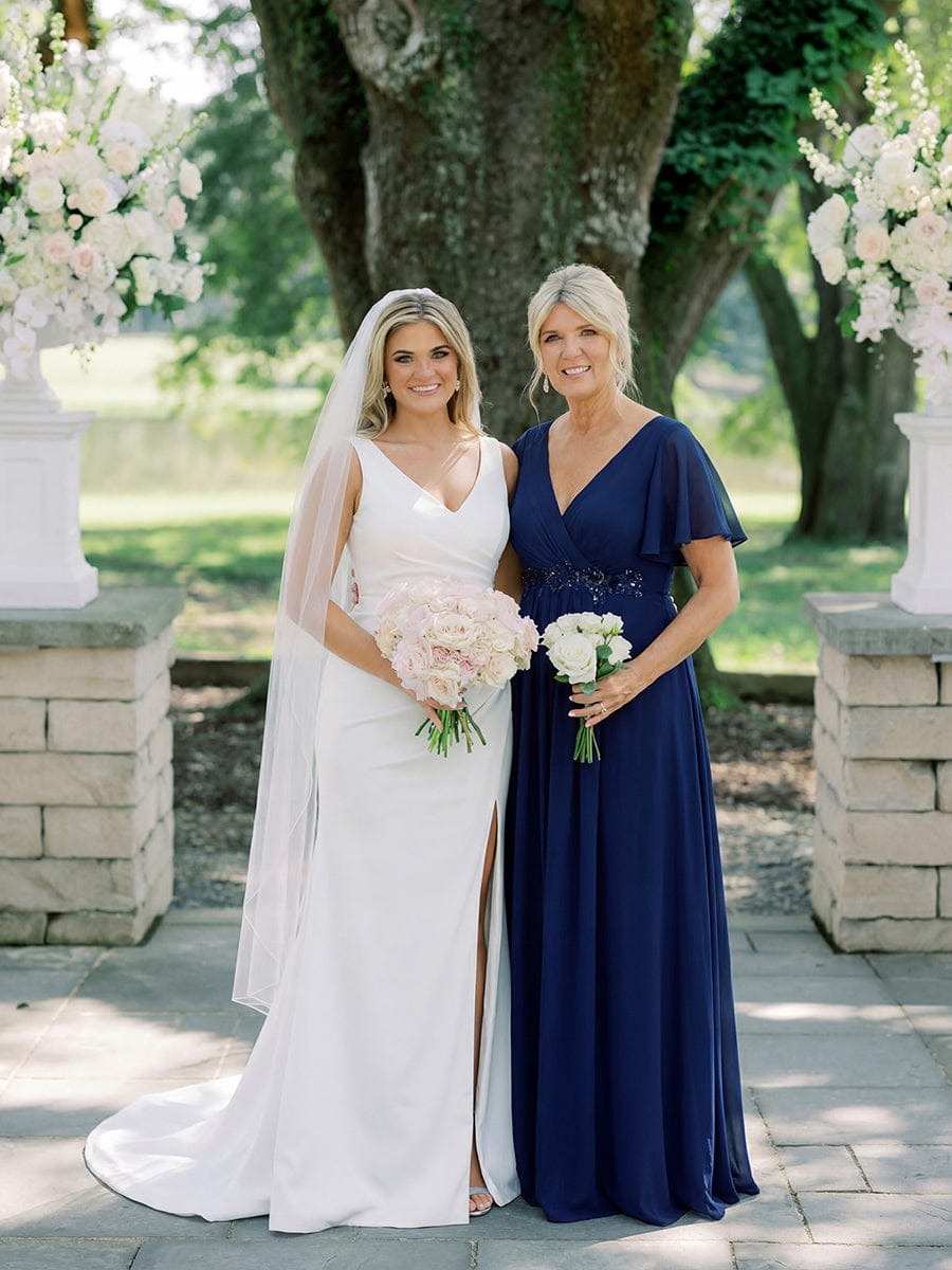 Elegant Chiffon Applique Evening Dress with Flutter Sleeves #color_Navy Blue