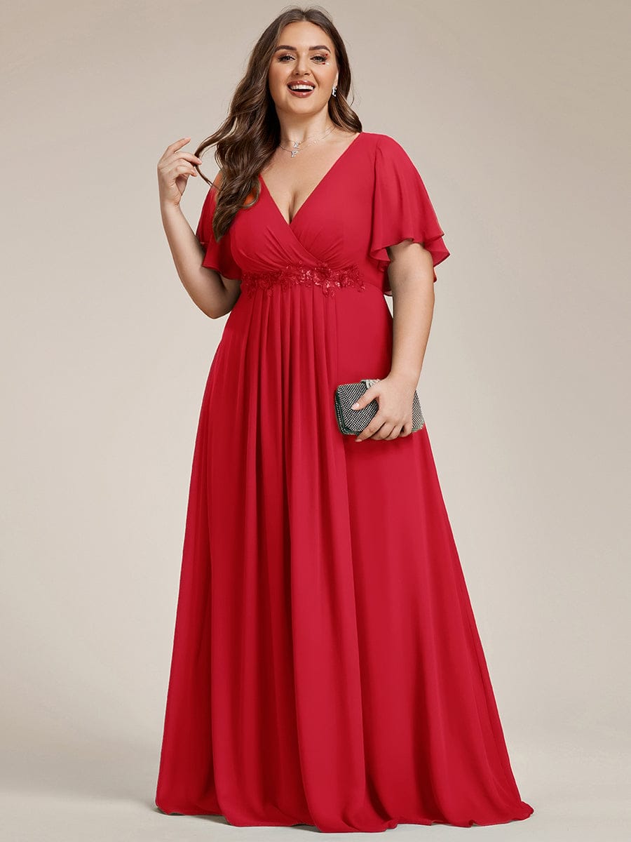 Elegant Chiffon Applique Evening Dress with Flutter Sleeves #color_Red