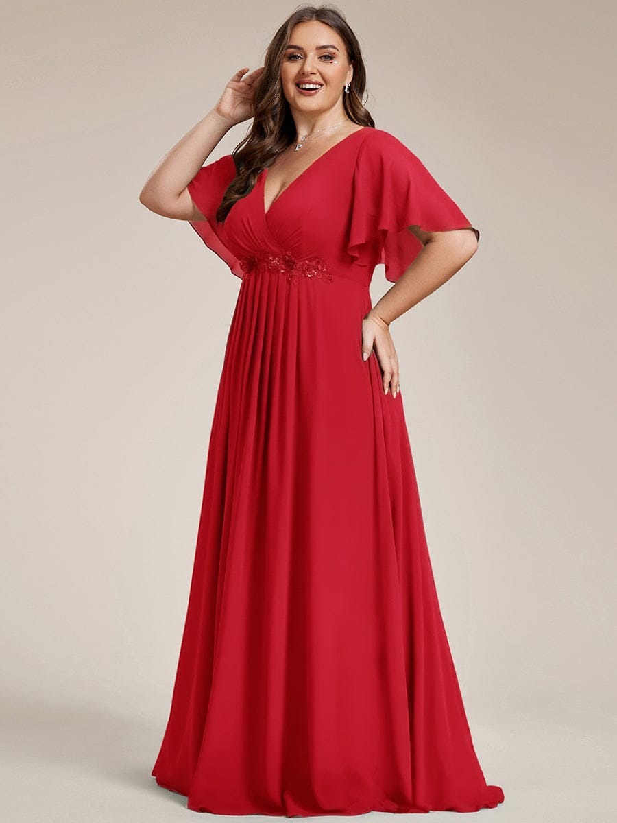 Plus Size Applique Short Sleeve A-Line Chiffon Evening Dress #color_Red