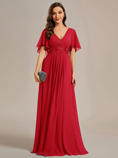 Elegant Chiffon Applique Evening Dress with Flutter Sleeves #color_Red
