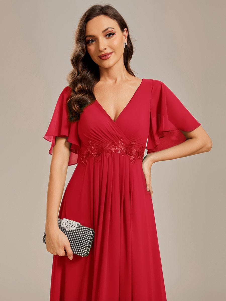 Elegant Chiffon Applique Evening Dress with Flutter Sleeves #color_Red