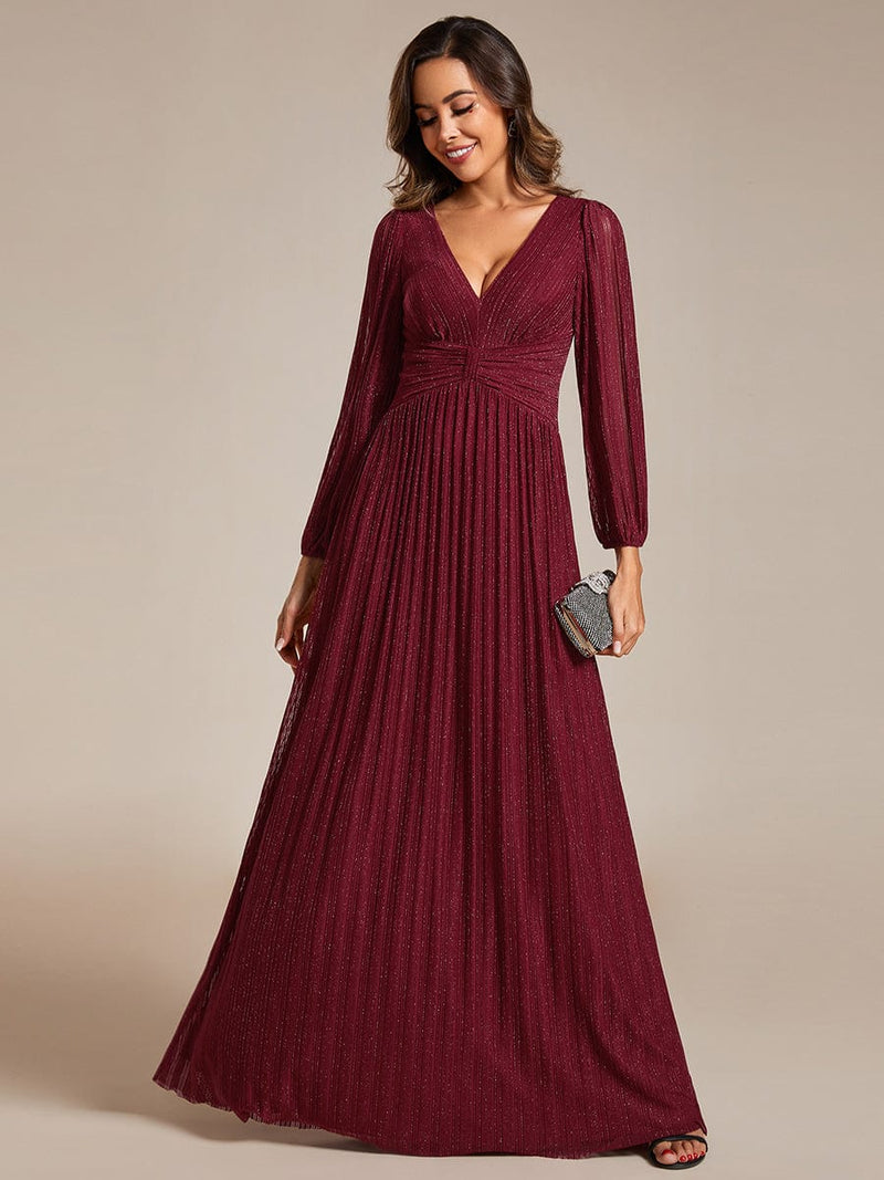 Long Sleeve Shimmery Evening Dress with Flowing Pleats